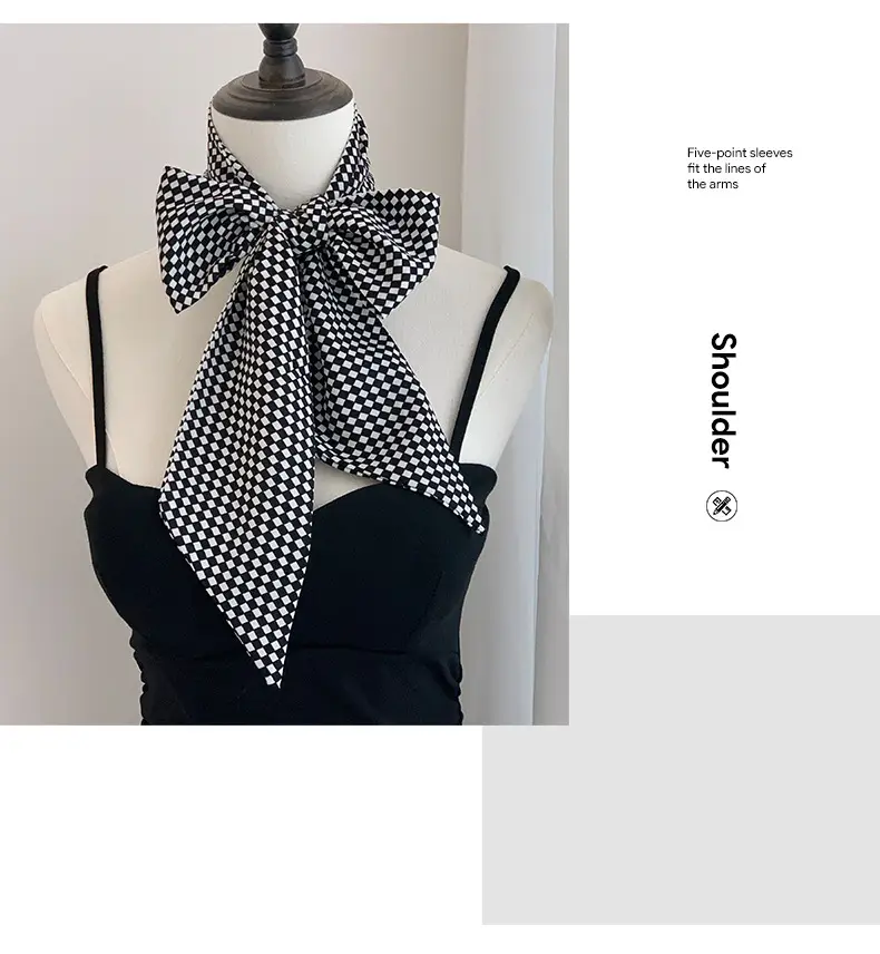Black Checkered Bow Silk Scarf for Women — feature 9