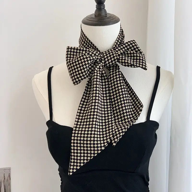 Black Checkered Bow Silk Scarf for Women