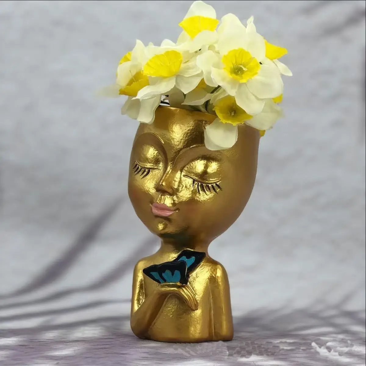 Golden Abstract Beauty Resin Flower Pot with Green Leaves