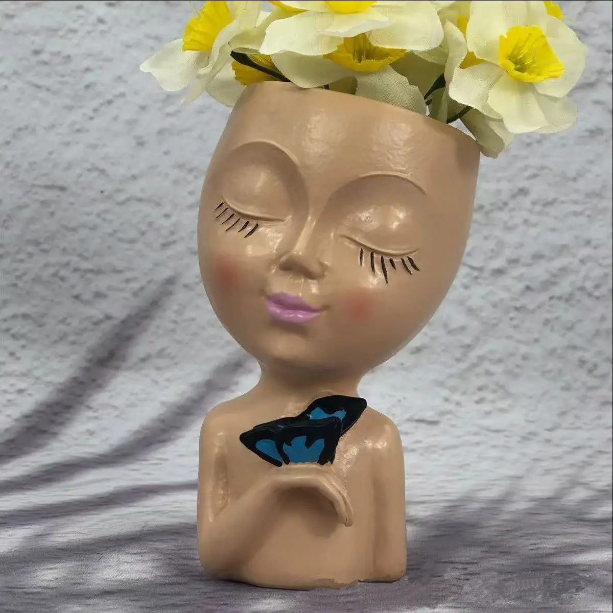 Golden Abstract Beauty Resin Flower Pot with Green Leaves