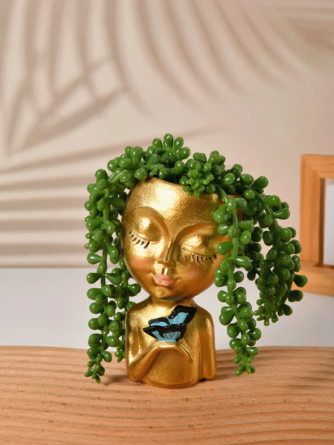 Golden Abstract Beauty Resin Flower Pot with Green Leaves