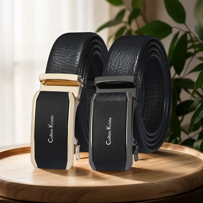 Men's Black Automatic Buckle Belt Real Two-Layer Cowhide - Image 4