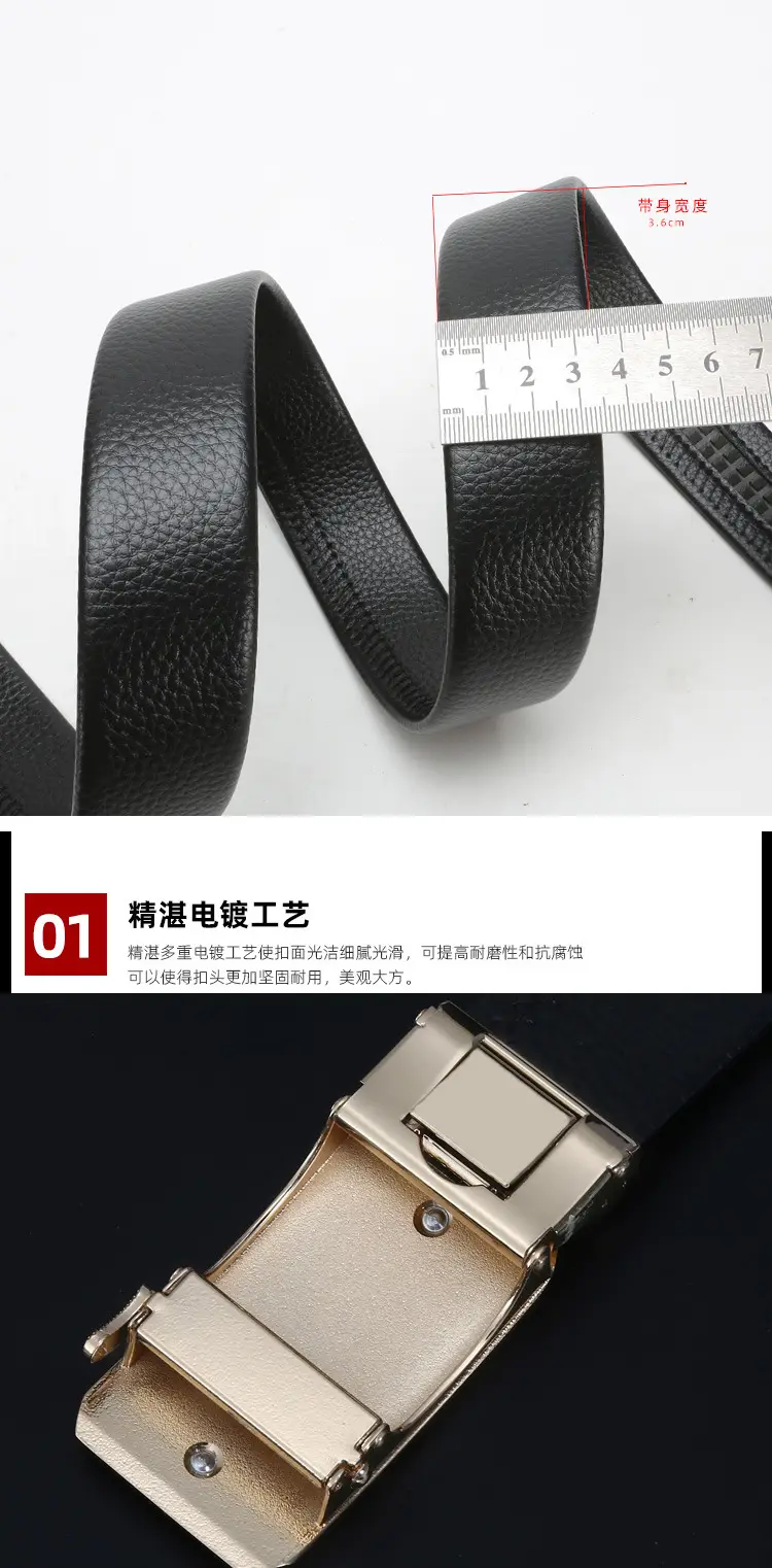 Men's Black Automatic Buckle Belt Real Two-Layer Cowhide — feature 3