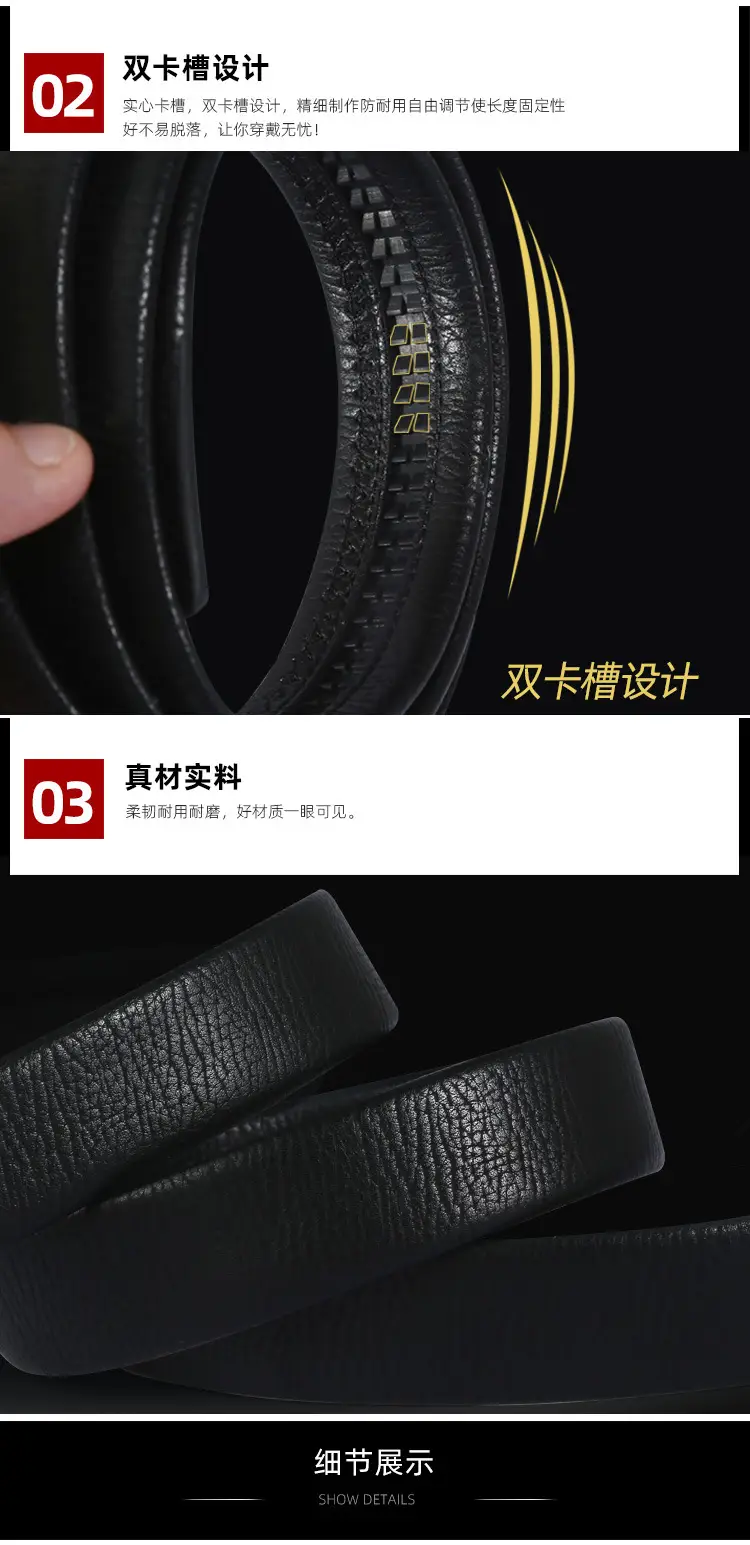 Men's Black Automatic Buckle Belt Real Two-Layer Cowhide — feature 4