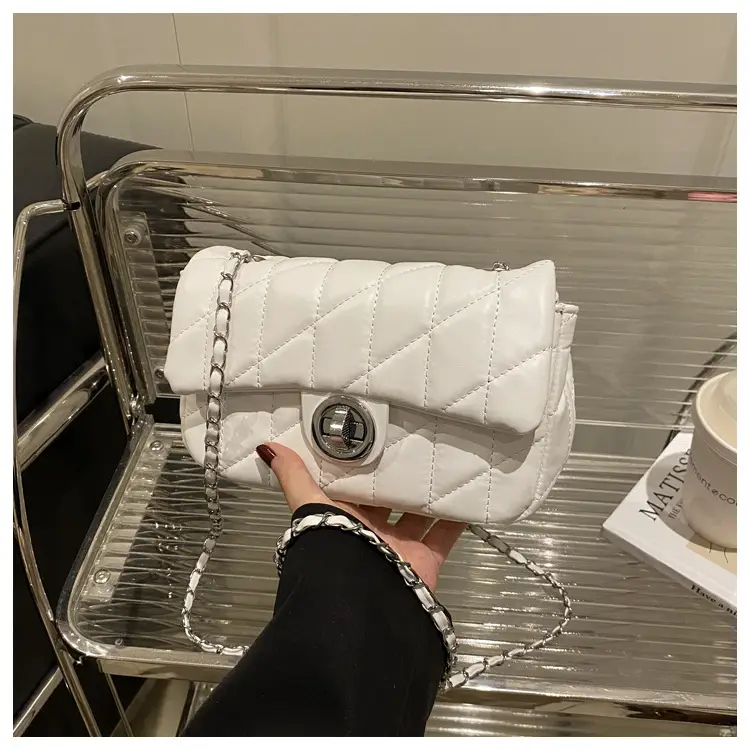White Quilted Chain Shoulder Bag for Women - Image 2
