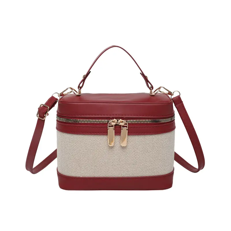 Women Fitted Faux Leather Shoulder Bag Red Beige Zippered - Image 11