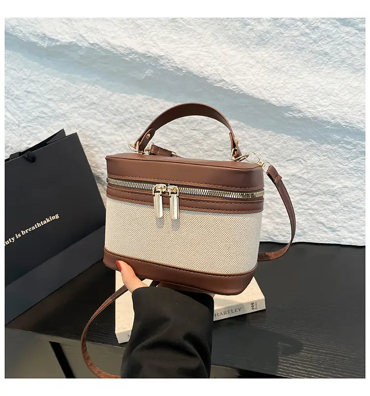 Women Fitted Faux Leather Shoulder Bag Red Beige Zippered - Image 3