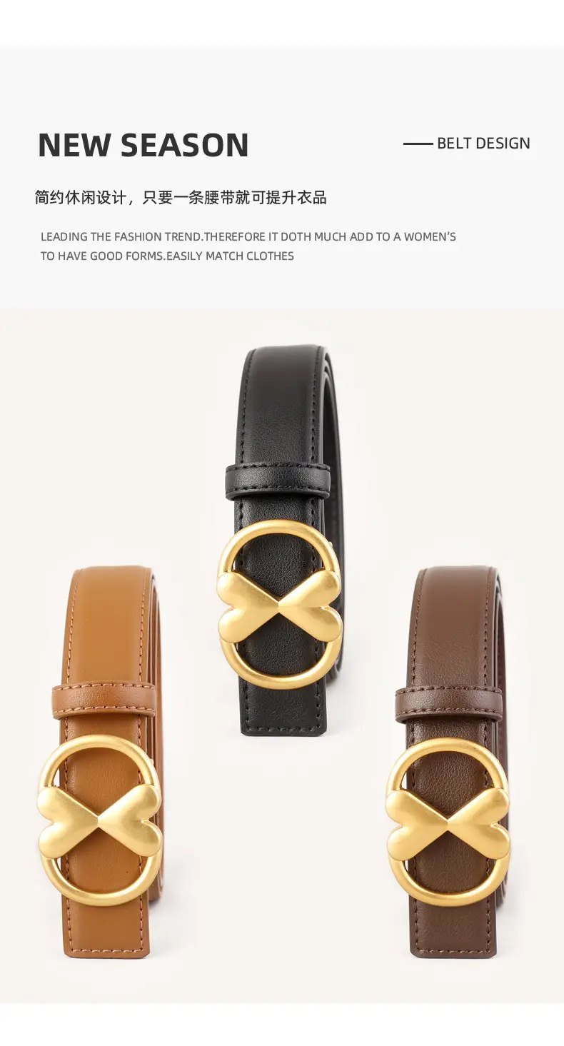 Women's Vintage Heart Belt with Gold Plated Buckle Brown — feature 13