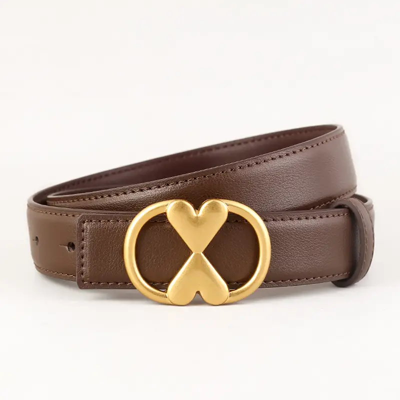 Women's Vintage Heart Belt with Gold Plated Buckle Brown - Image 2