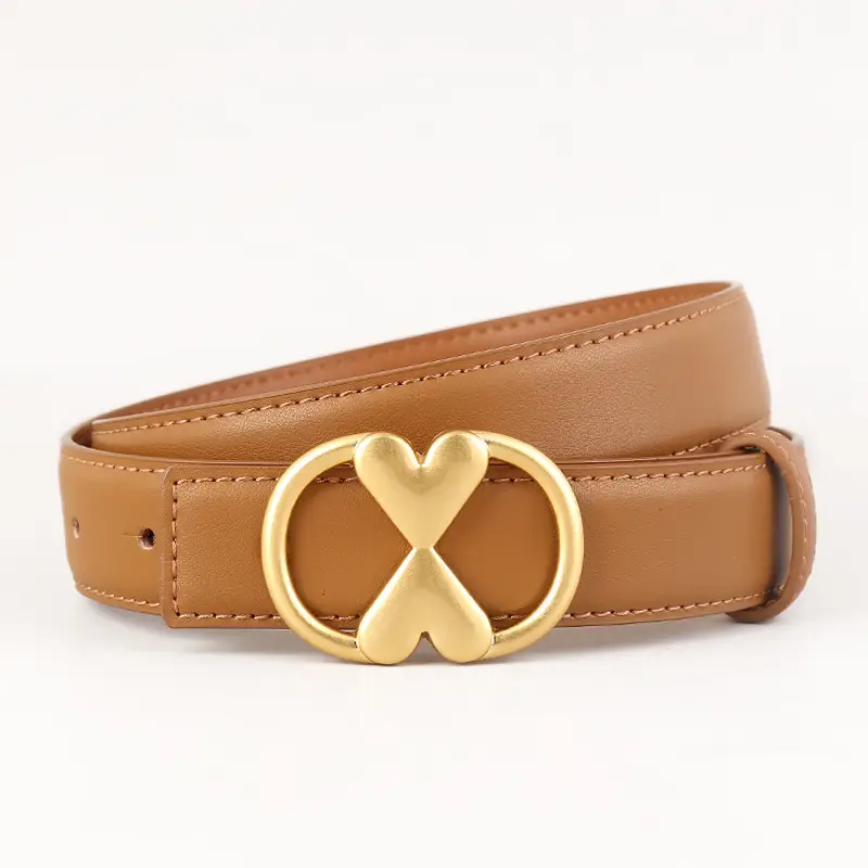 Women's Vintage Heart Belt with Gold Plated Buckle Brown - Image 3