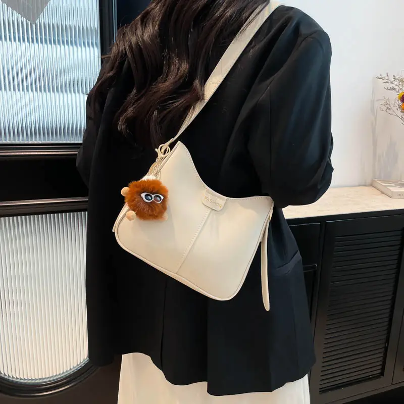 White Beanbag Shoulder Bag with Cute Pom Pom Charm - Image 5