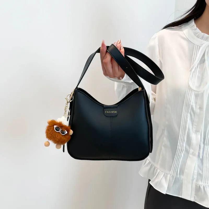 White Beanbag Shoulder Bag with Cute Pom Pom Charm - Image 6