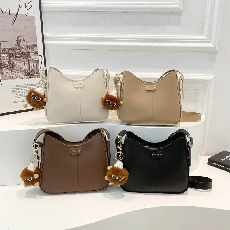 White Beanbag Shoulder Bag with Cute Pom Pom Charm - Image 8