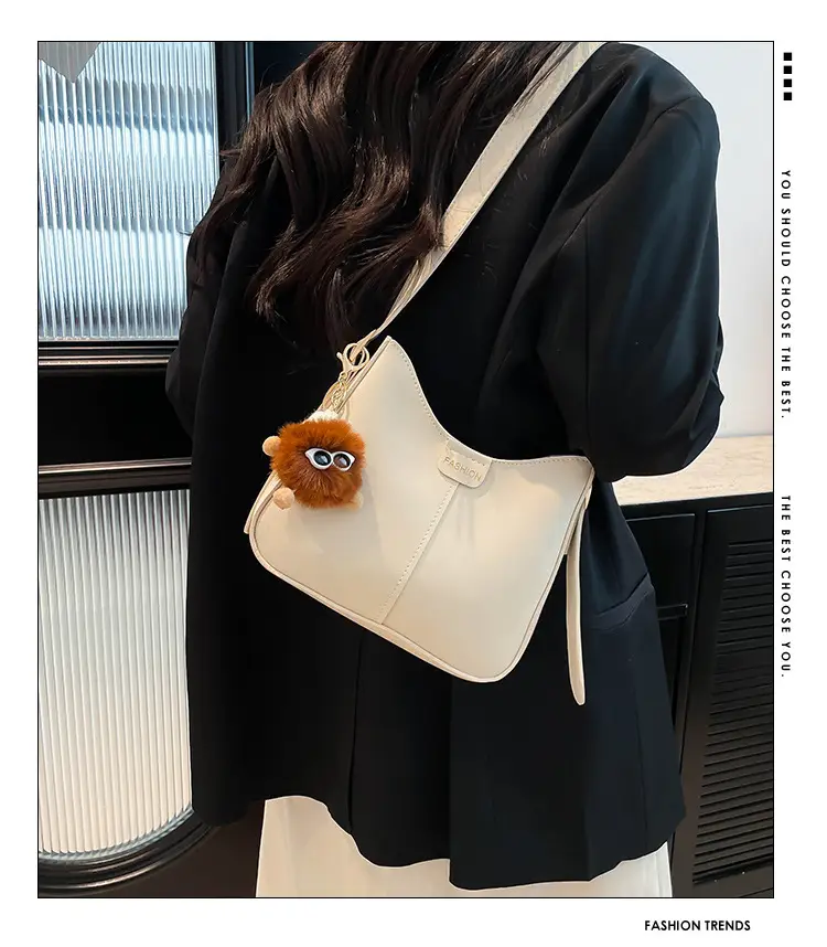 White Beanbag Shoulder Bag with Cute Pom Pom Charm — feature 2