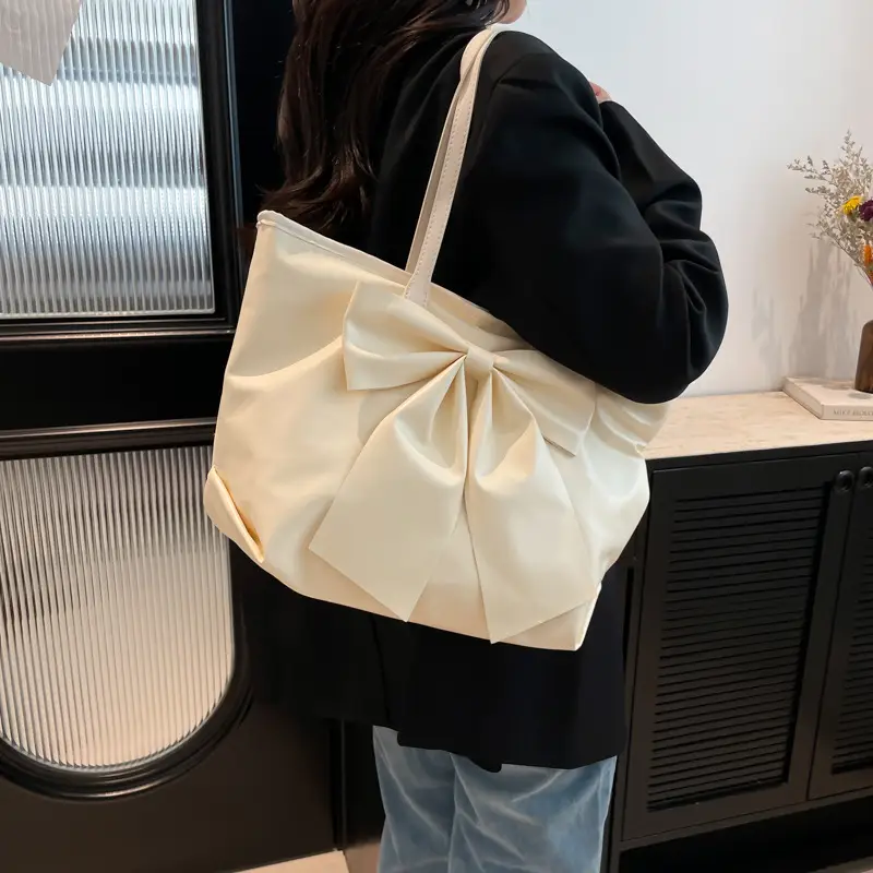 Bow Large Capacity Women's Tan Shoulder Bag - Image 7