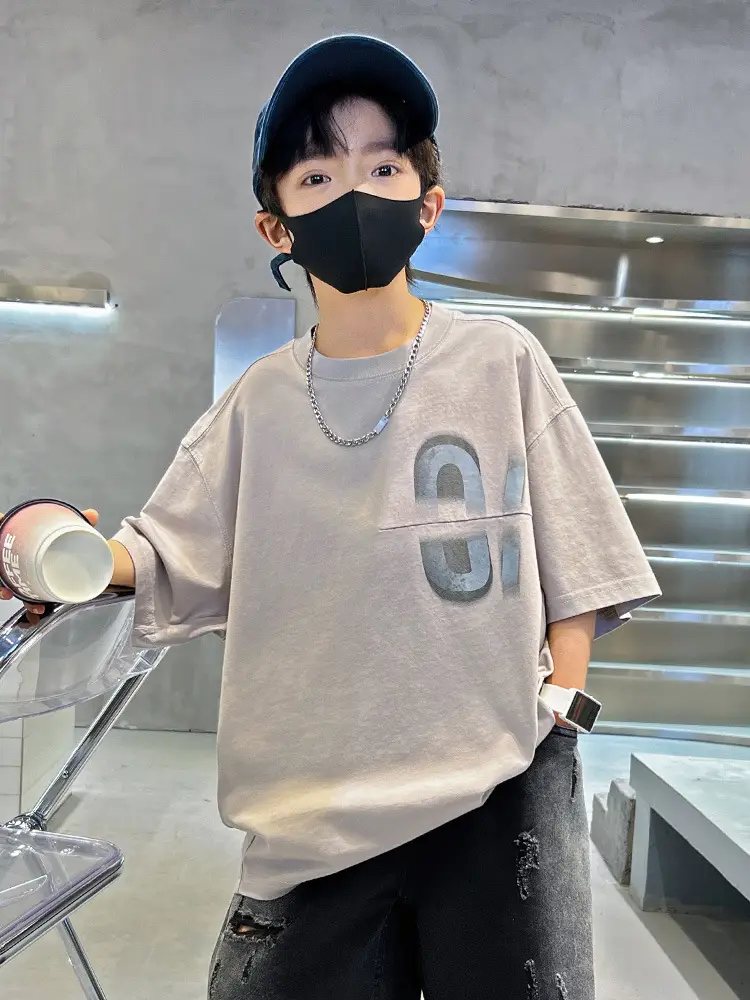 Kids Summer T-Shirt Grey Big Graphic Short Sleeve - Image 3