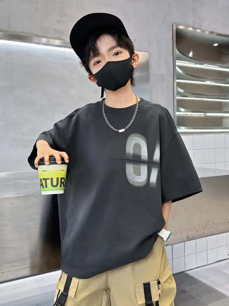 Kids Summer T-Shirt Grey Big Graphic Short Sleeve - Image 4