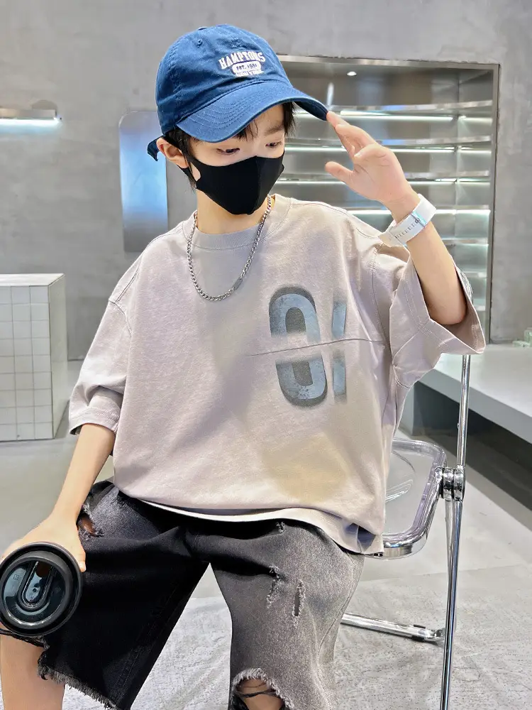 Kids Summer T-Shirt Grey Big Graphic Short Sleeve - Image 7