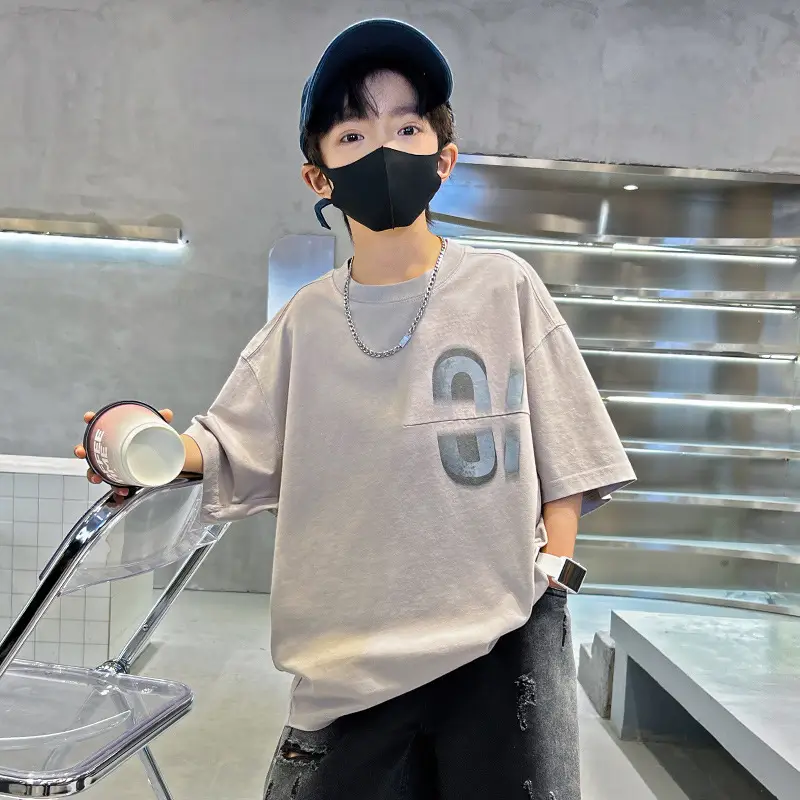 Kids Summer T-Shirt Grey Big Graphic Short Sleeve - Image 2