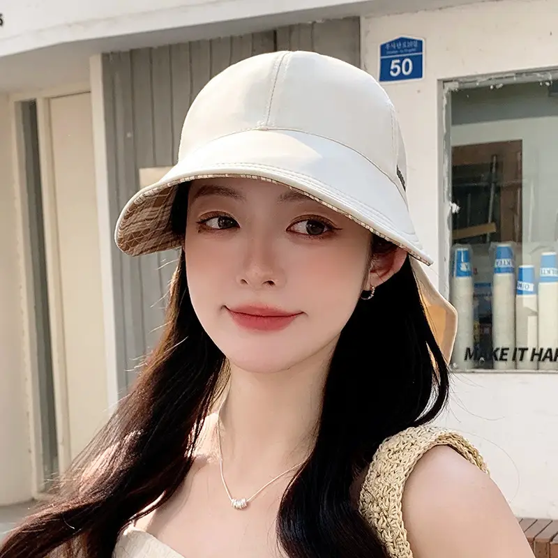 Women Beige Brim Sun Hat with Adjustable Strap - Image 9
