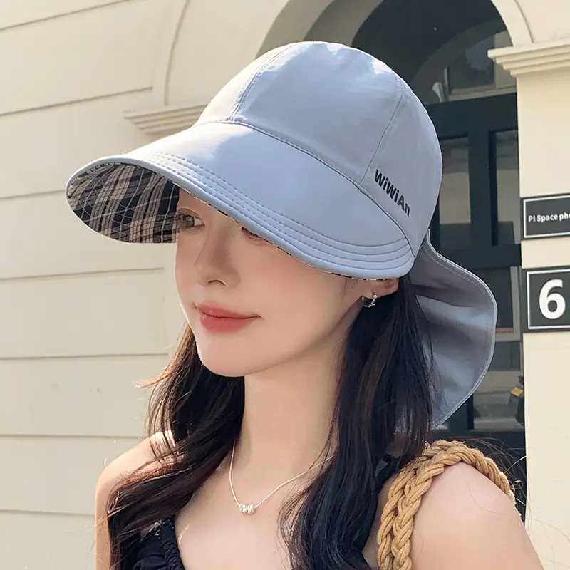 Women Beige Brim Sun Hat with Adjustable Strap - Image 6