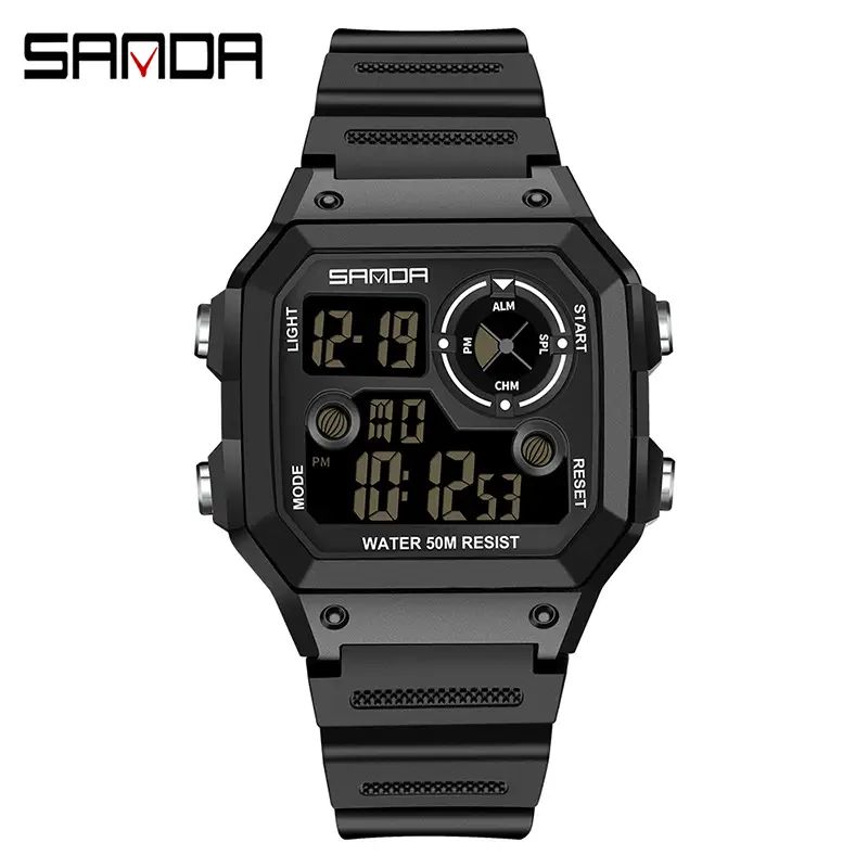 Sanda Men's Square Digital Watch Black Waterproof - Image 2
