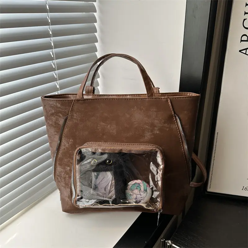 2025 Spring Women's Shoulder Tote Bag Brown Clear Pocket - Image 6