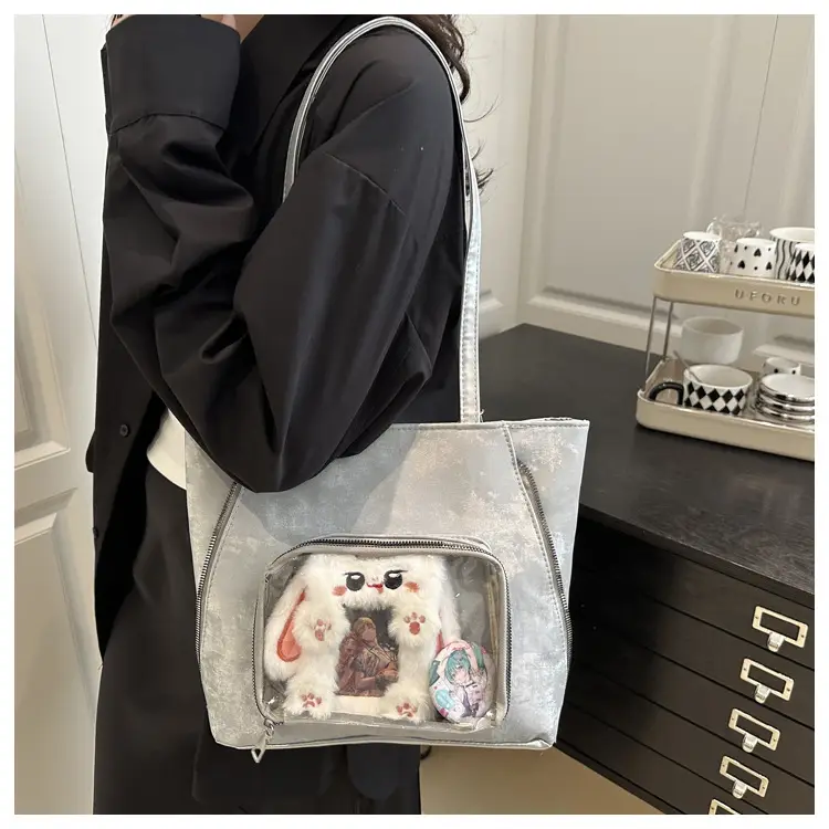 2025 Spring Women's Shoulder Tote Bag Brown Clear Pocket — feature 17