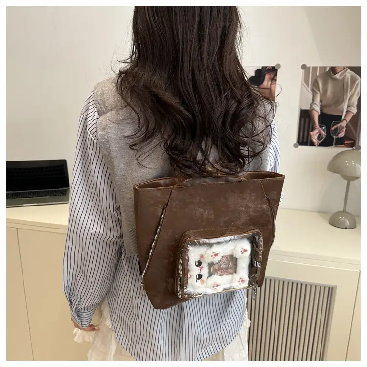 2025 Spring Women's Shoulder Tote Bag Brown Clear Pocket — feature 32