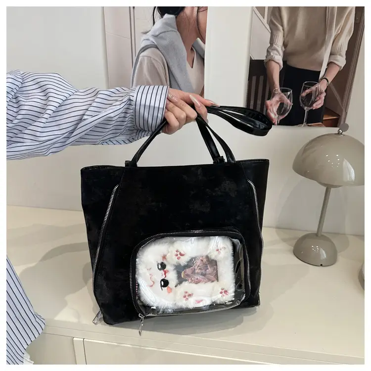 2025 Spring Women's Shoulder Tote Bag Brown Clear Pocket — feature 41