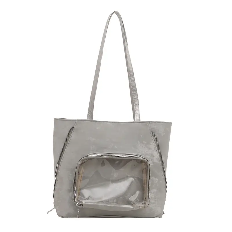 2025 Spring Women's Shoulder Tote Bag Brown Clear Pocket - Image 4
