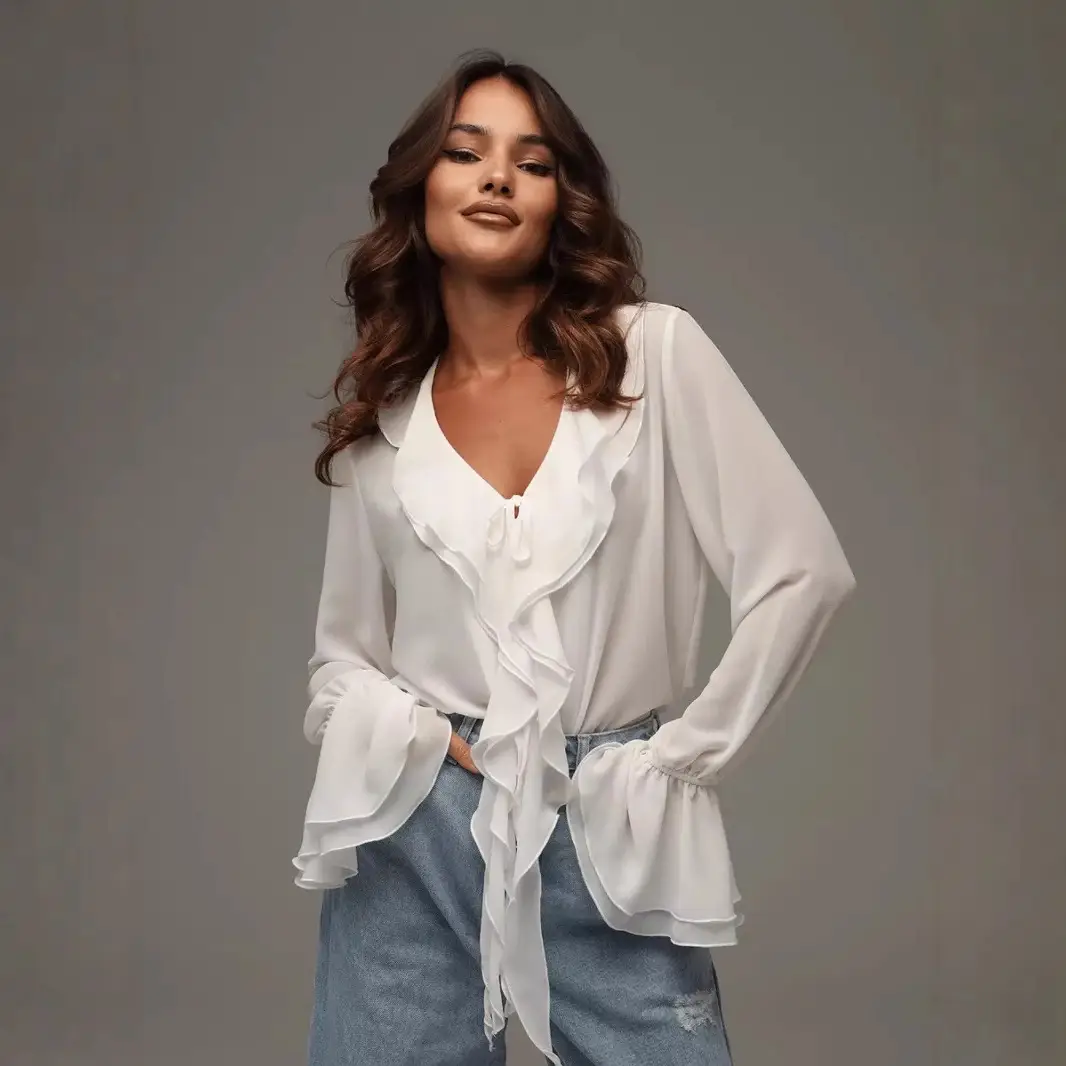 Spring 2025 V-Neck Ruffled Trumpet Shirt for Women - Image 3