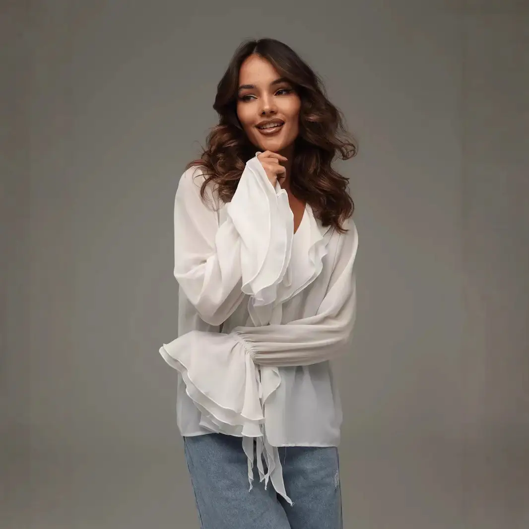 Spring 2025 V-Neck Ruffled Trumpet Shirt for Women - Image 4