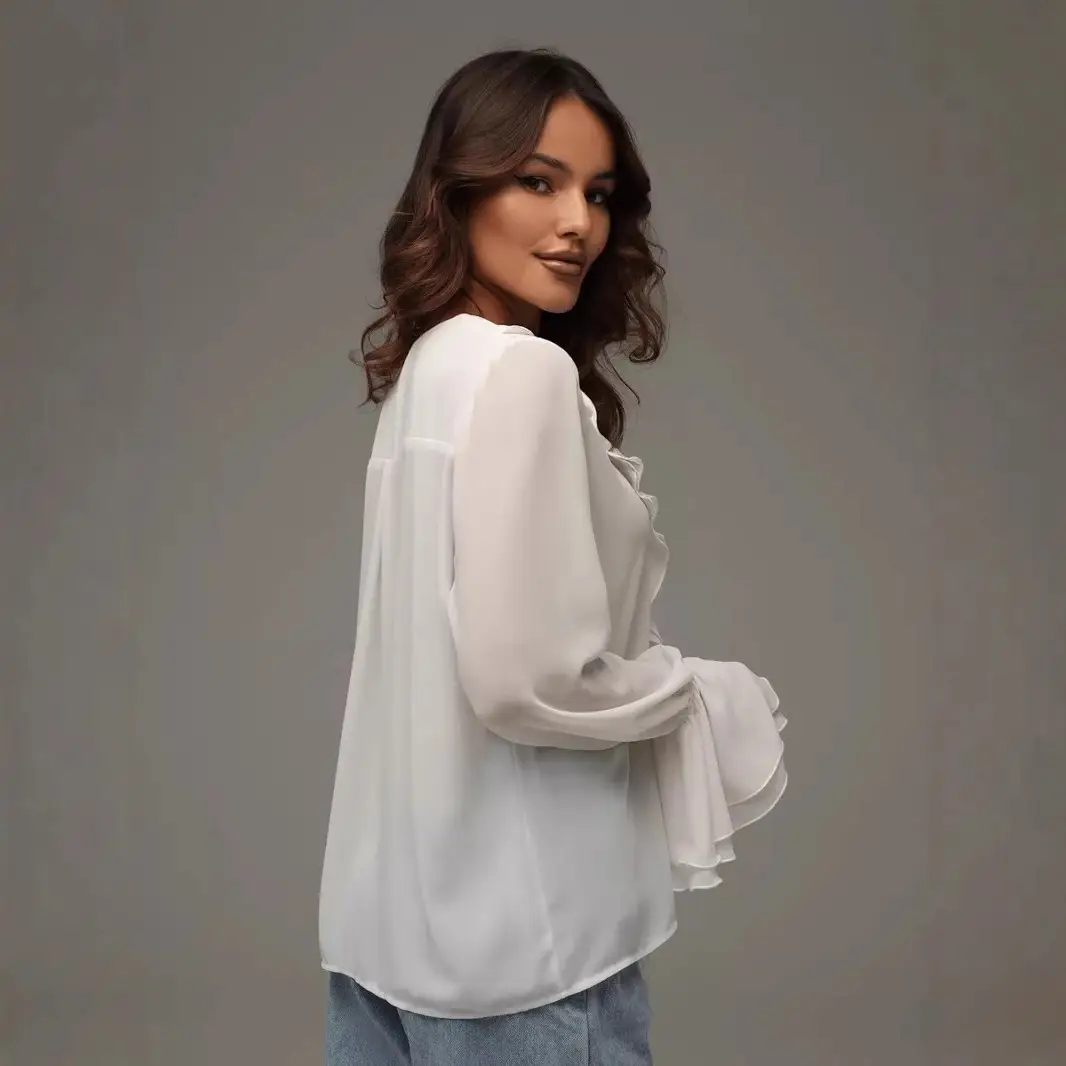 Spring 2025 V-Neck Ruffled Trumpet Shirt for Women - Image 5