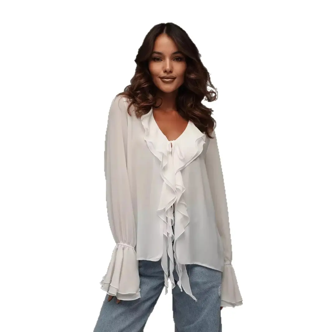 Spring 2025 V-Neck Ruffled Trumpet Shirt for Women - Image 6