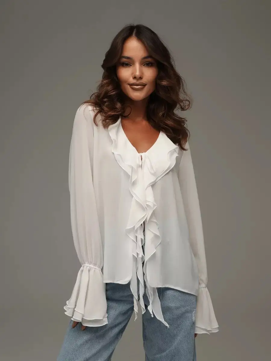 Spring 2025 V-Neck Ruffled Trumpet Shirt for Women — feature 19