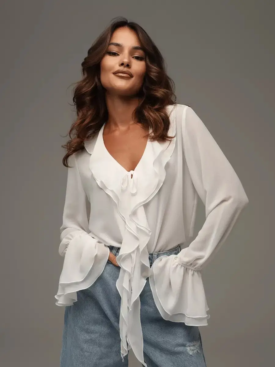 Spring 2025 V-Neck Ruffled Trumpet Shirt for Women — feature 21