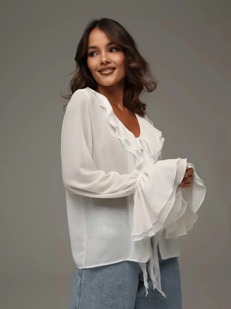 Spring 2025 V-Neck Ruffled Trumpet Shirt for Women — feature 24