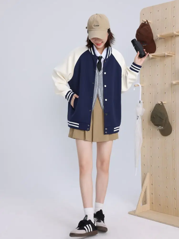 Women Green White Baseball Jacket College Uniform