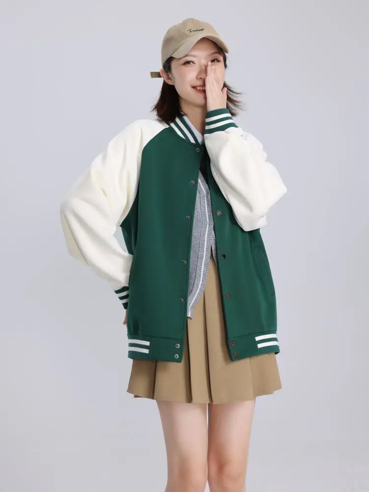 Women Green White Baseball Jacket College Uniform
