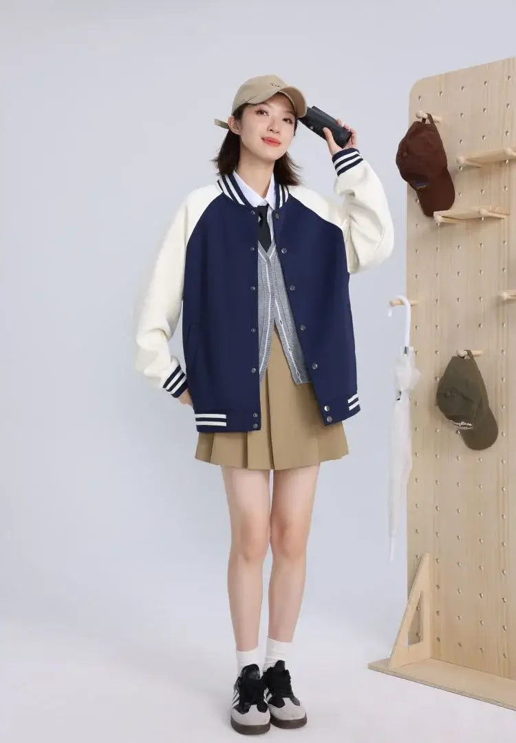 Women Green White Baseball Jacket College Uniform — feature 10