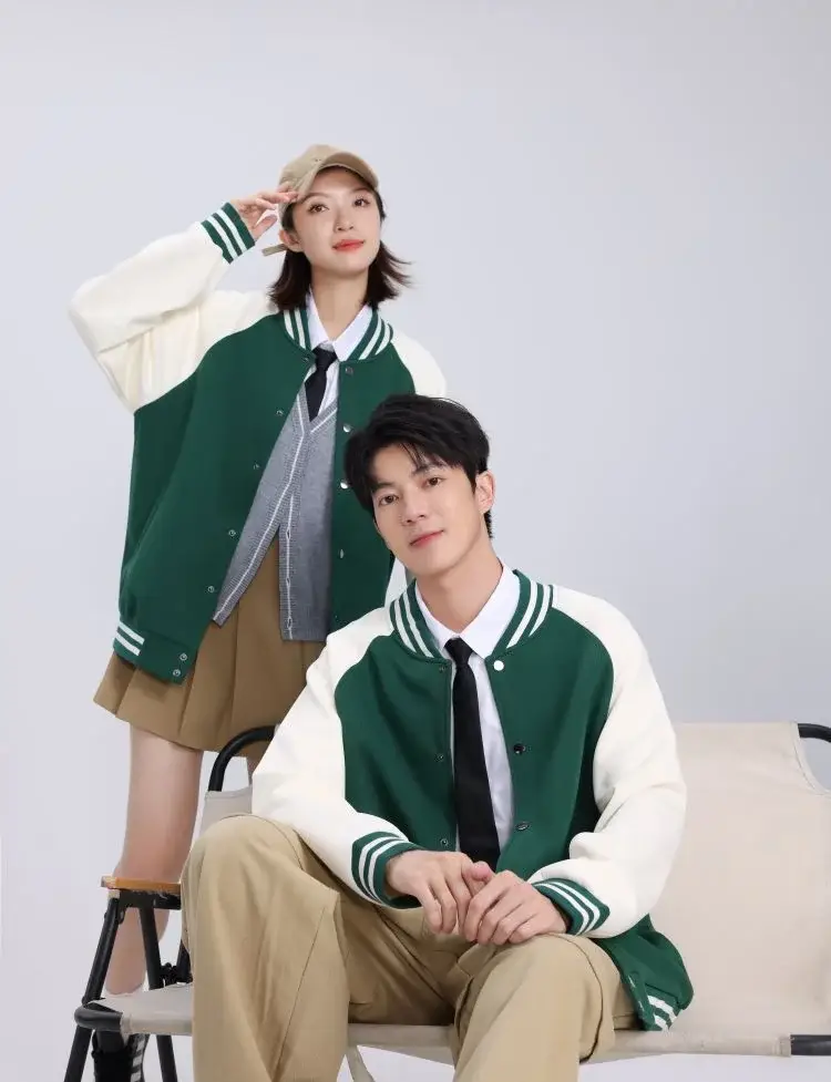 Women Green White Baseball Jacket College Uniform — feature 12