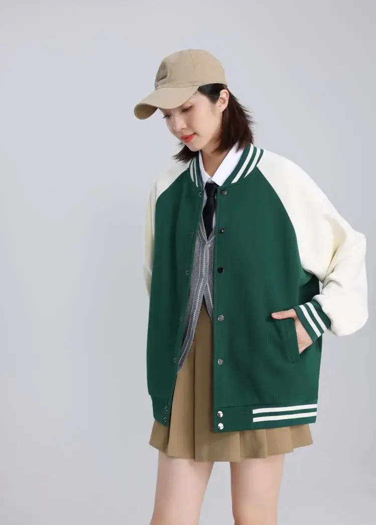 Women Green White Baseball Jacket College Uniform — feature 13