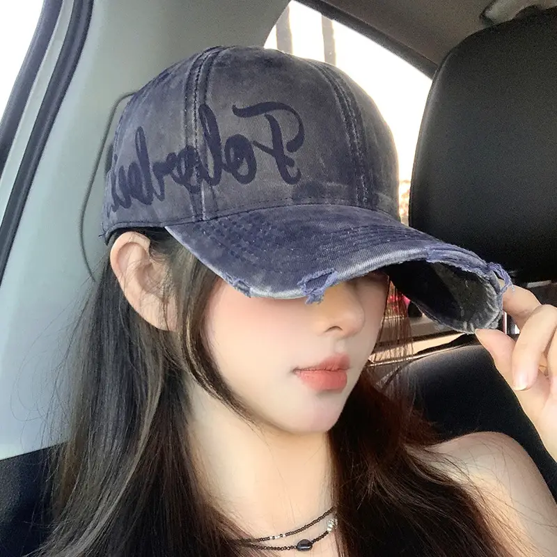Women's Blue Graffiti Baseball Cap with Ripped Design - Image 8