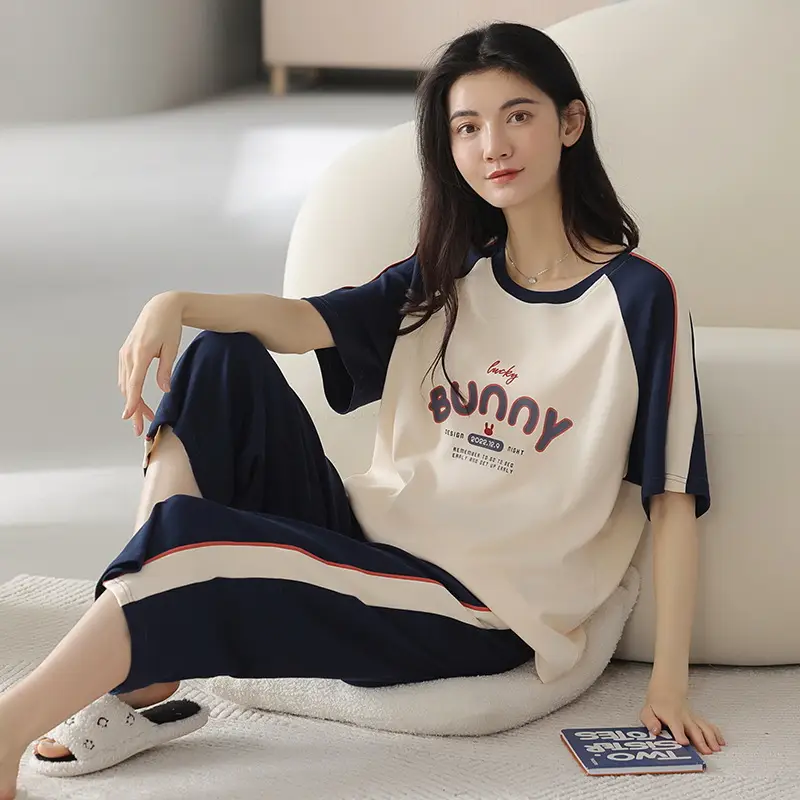 100% Cotton Pajamas Women's Spring and Summer Short-sleeved Cropped Pants Korean Style Cartoon Women's Thin Home Clothes Cotton suit
