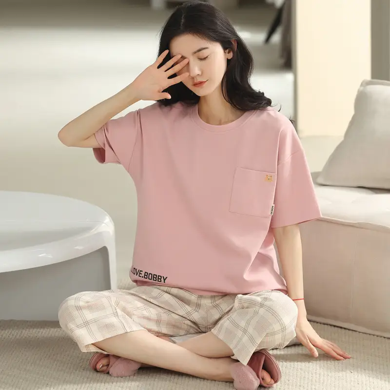100% Cotton Pajamas Women's Spring and Summer Short-sleeved Cropped Pants Korean Style Cartoon Women's Thin Home Clothes Cotton suit