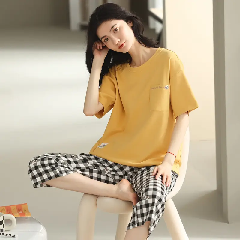 100% Cotton Pajamas Women's Spring and Summer Short-sleeved Cropped Pants Korean Style Cartoon Women's Thin Home Clothes Cotton suit