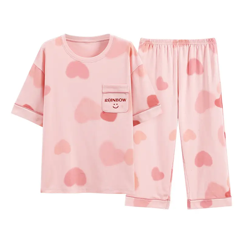 100% Cotton Pajamas Women's Spring and Summer Short-sleeved Cropped Pants Korean Style Cartoon Women's Thin Home Clothes Cotton suit