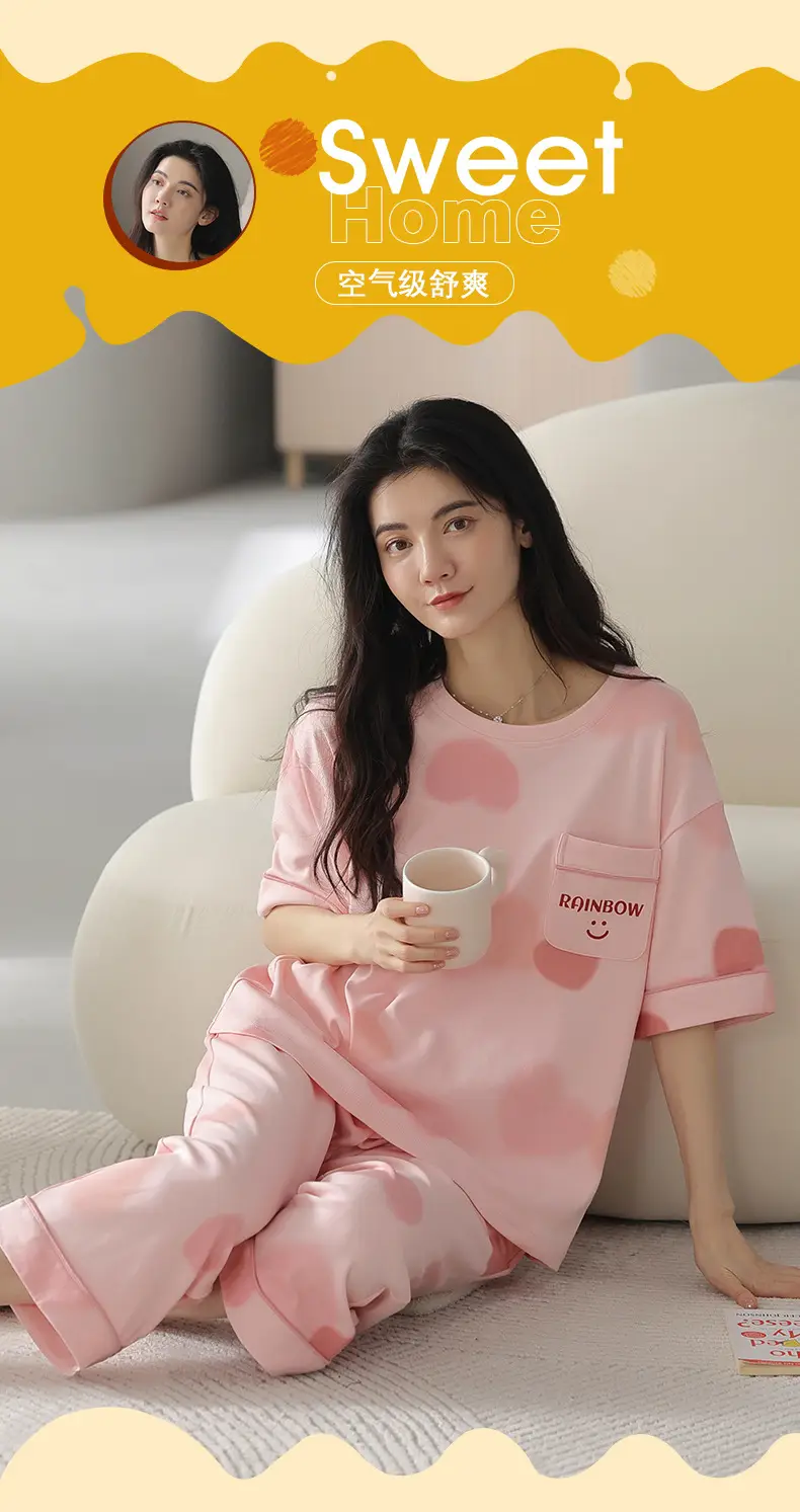 100% Cotton Pajamas Women's Spring and Summer Short-sleeved Cropped Pants Korean Style Cartoon Women's Thin Home Clothes Cotton suit — feature 1