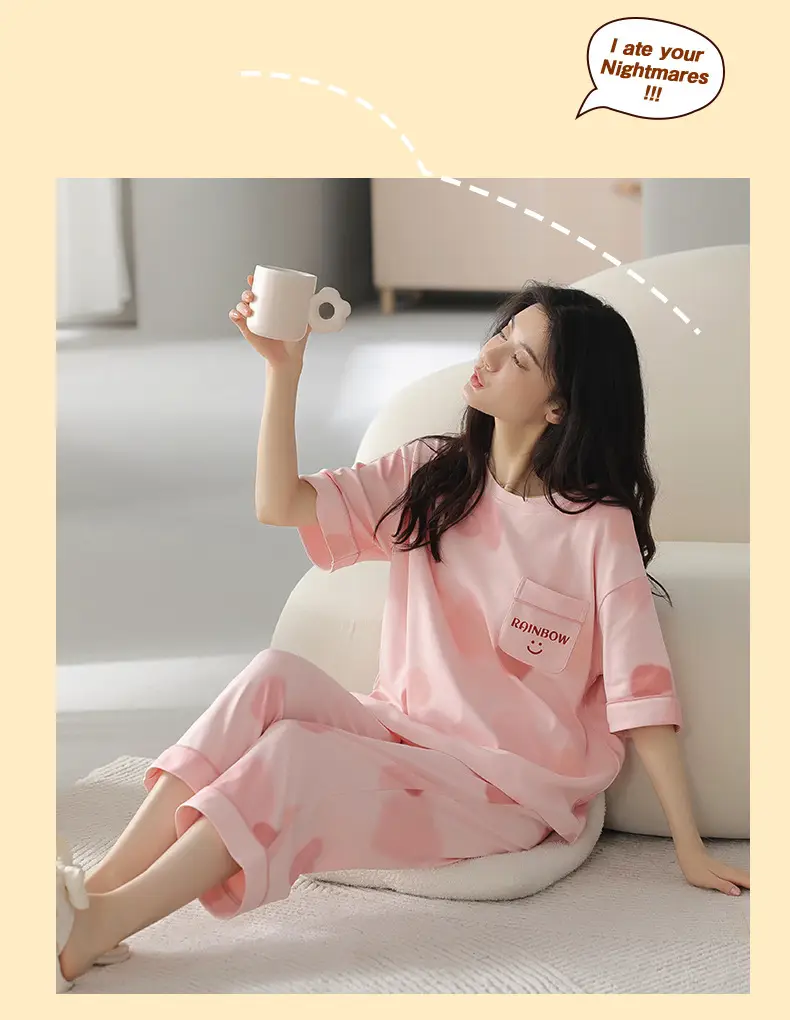 100% Cotton Pajamas Women's Spring and Summer Short-sleeved Cropped Pants Korean Style Cartoon Women's Thin Home Clothes Cotton suit — feature 10